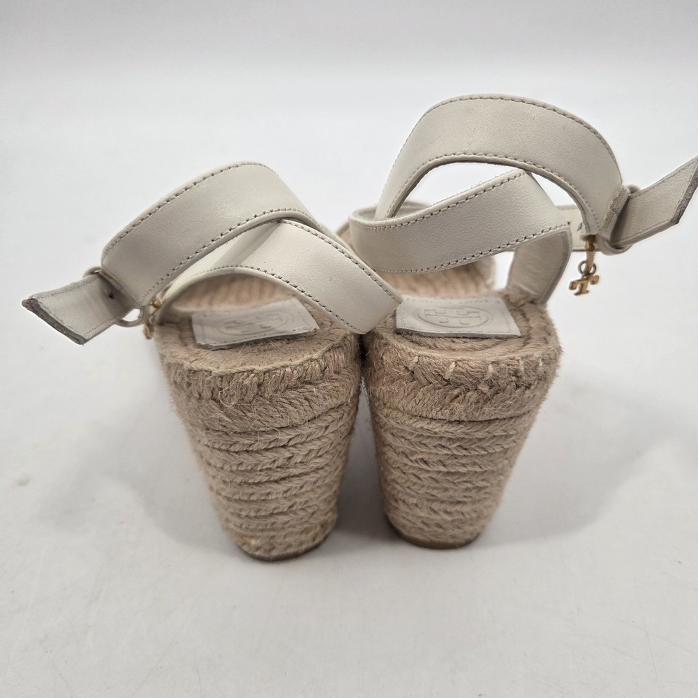 Tory Burch SZ 9 Laurel Wedge Espadrille Sandals Leather Beige White - Picture 4 of 7